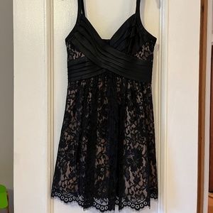 BCBG Black lace dress, pleated satin bodice